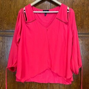 Lightweight Sheer Open Shoulder Red Longsleeve Flowy Top Women sz XL